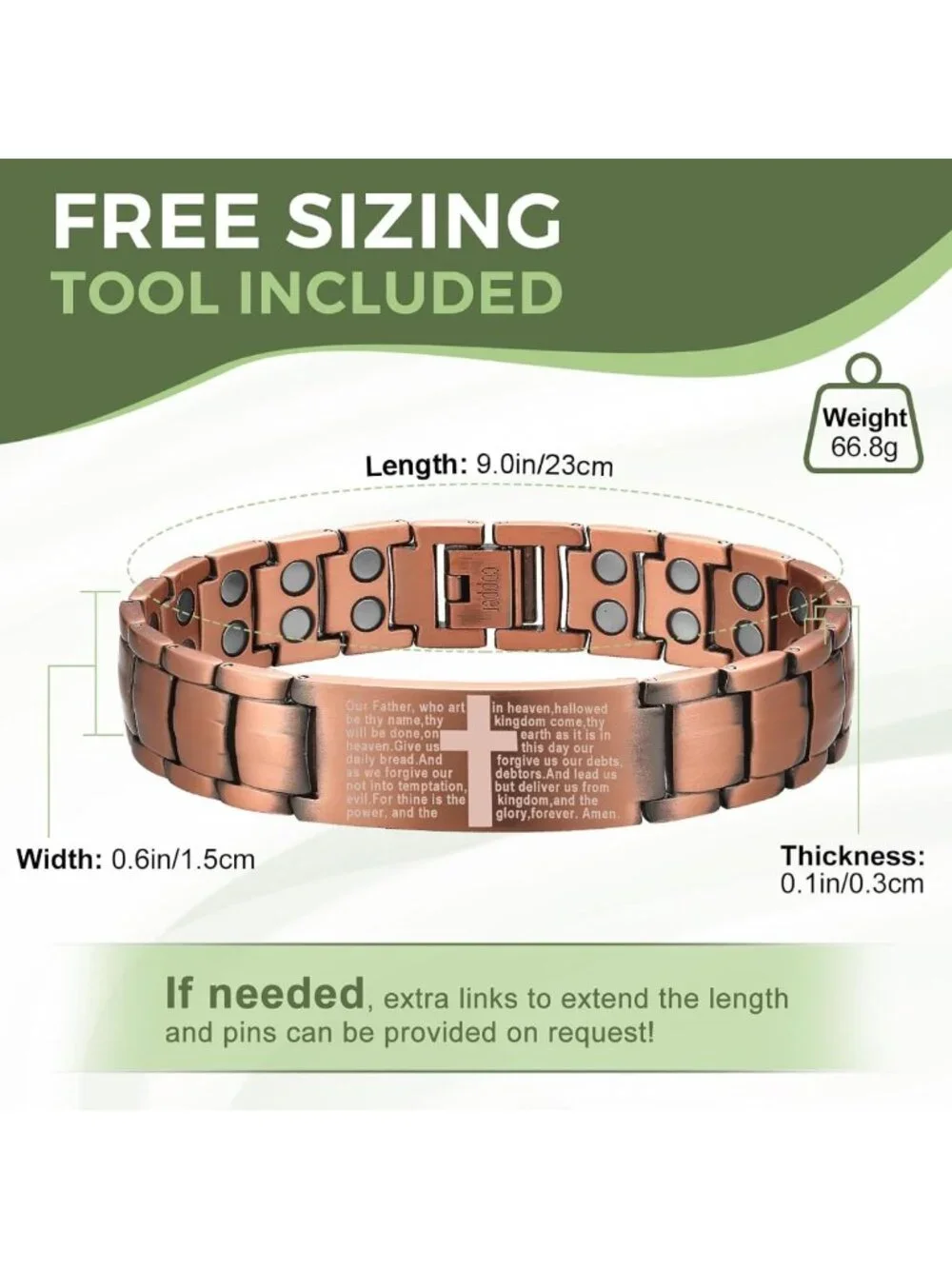 Men's Magnetic Copper Bracelet with Cross Design | Adjustable, 99.9% Pure